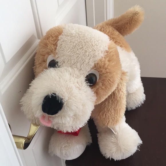 Large Puppy Stuffed Animal New White Tan Red Bow NWT - Picture 1 of 12